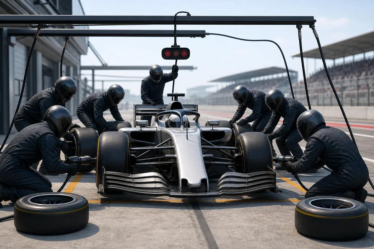 Formel-Rennwagen in der Box, während Mechaniker schnell Reifen wechseln