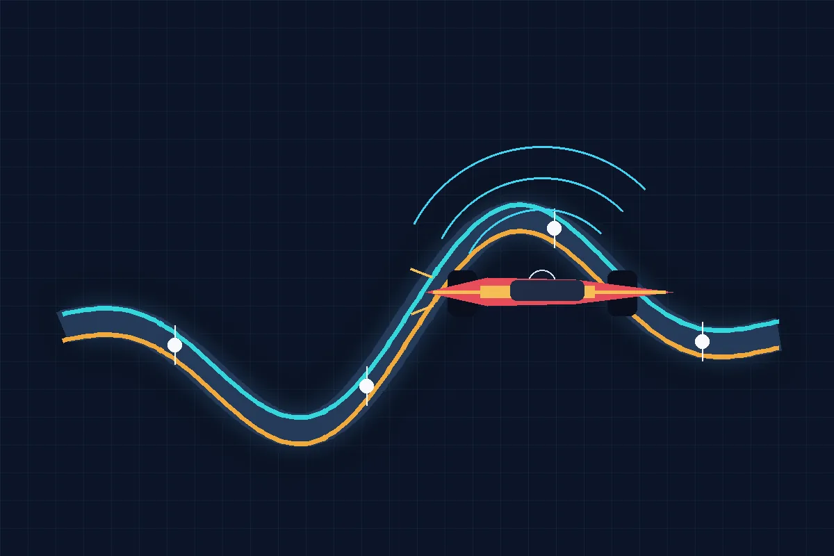 Editorial Formula 1 timing graphic comparing a reference lap with positive and negative delta values