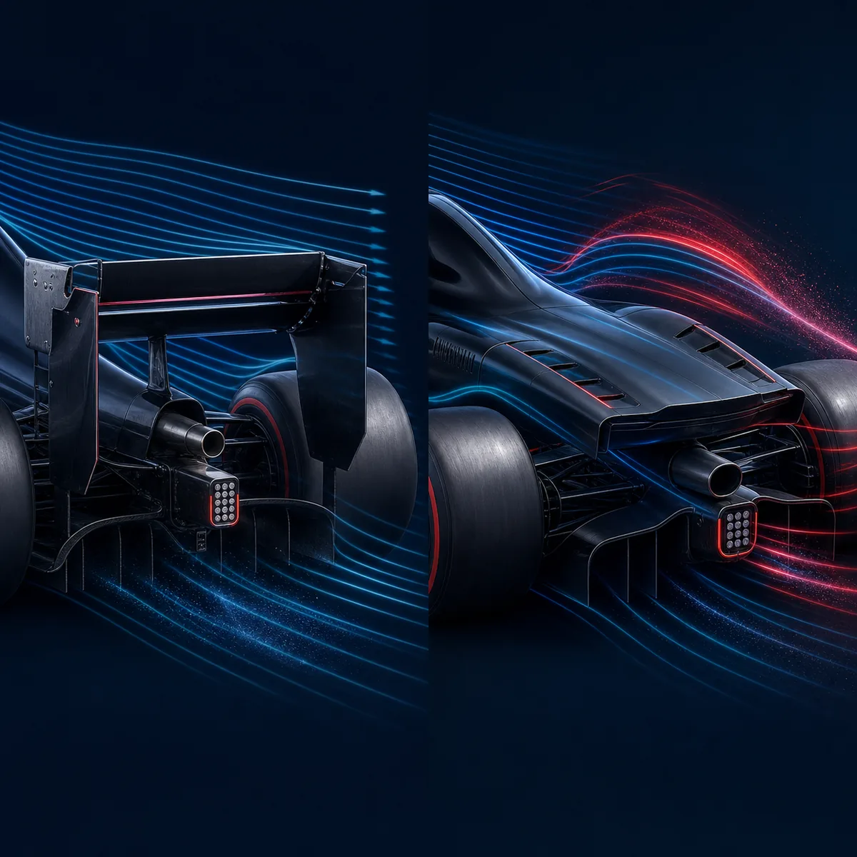 Comparaison éditoriale sans texte entre un volet arrière ouvert et un concept d'aérodynamique active de F1