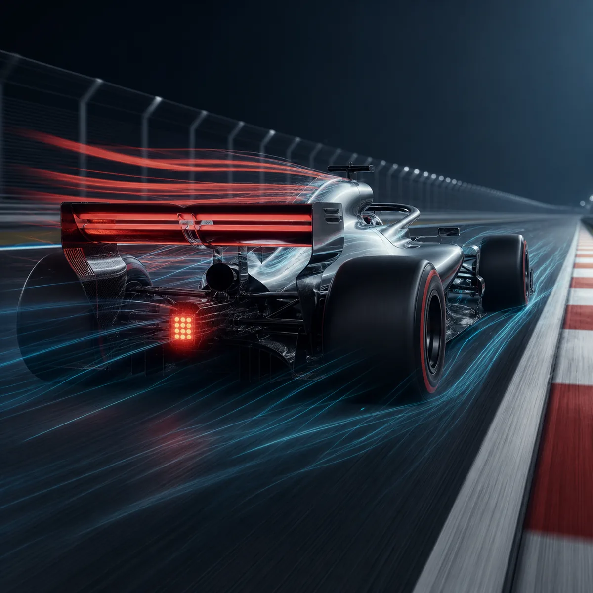 Illustration éditoriale d'une monoplace de F1 générique accélérant avec le flux d'air autour de l'aileron arrière