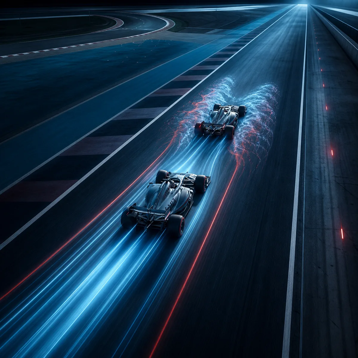Deux monoplaces génériques de F1 approchant une opportunité de dépassement sur une longue ligne droite