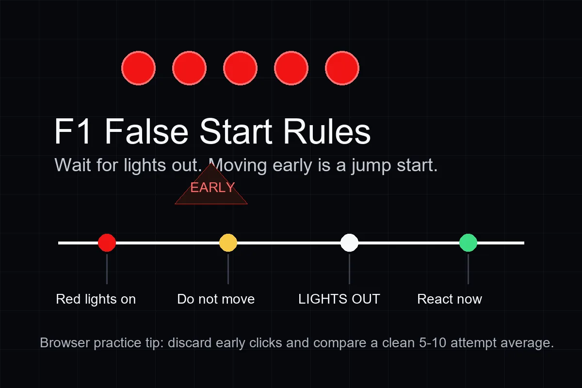 F1 false start timeline showing red lights, early movement, lights out, and valid reaction timing