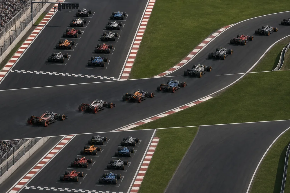 Overhead editorial illustration of F1 cars moving from grid boxes through a formation lap and back to the start