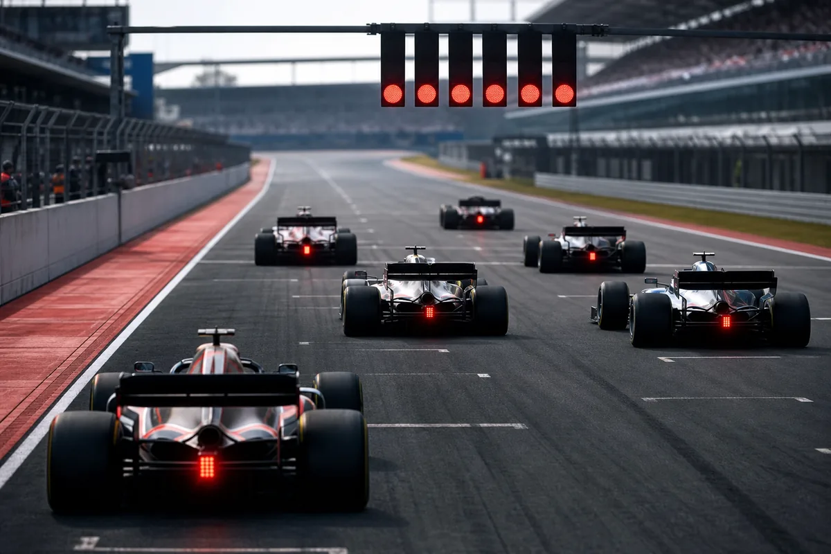 Editorial illustration of Formula 1 cars starting a formation lap before the lights-out race start