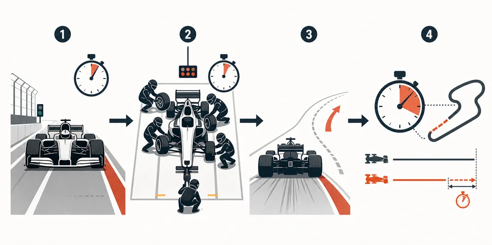 Formel-Rennwagen in der Box, während Mechaniker schnell Reifen wechseln