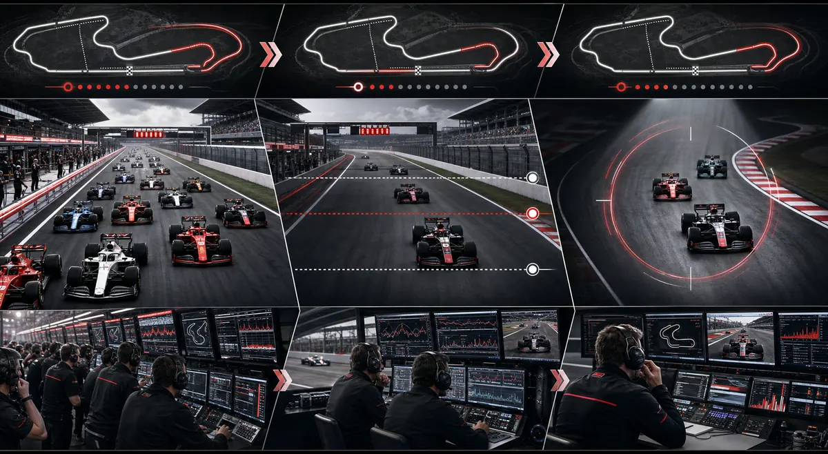 Editorial qualifying flow image showing cars moving from a busy Q1 phase into Q2 and a top-ten Q3 shootout