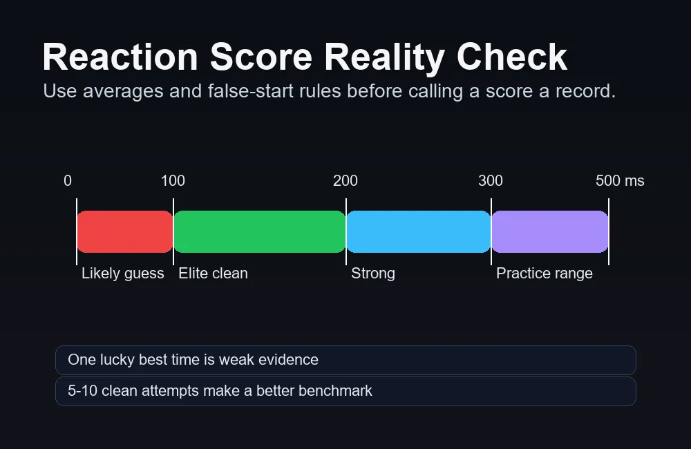 Reaction score ranges showing likely guess, elite clean start, strong start, and practice range