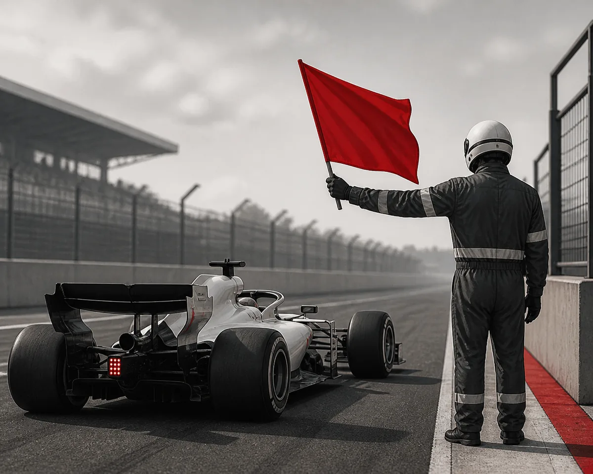 Illustrazione editoriale di un commissario F1 con una bandiera rossa accanto a una monoposto ferma