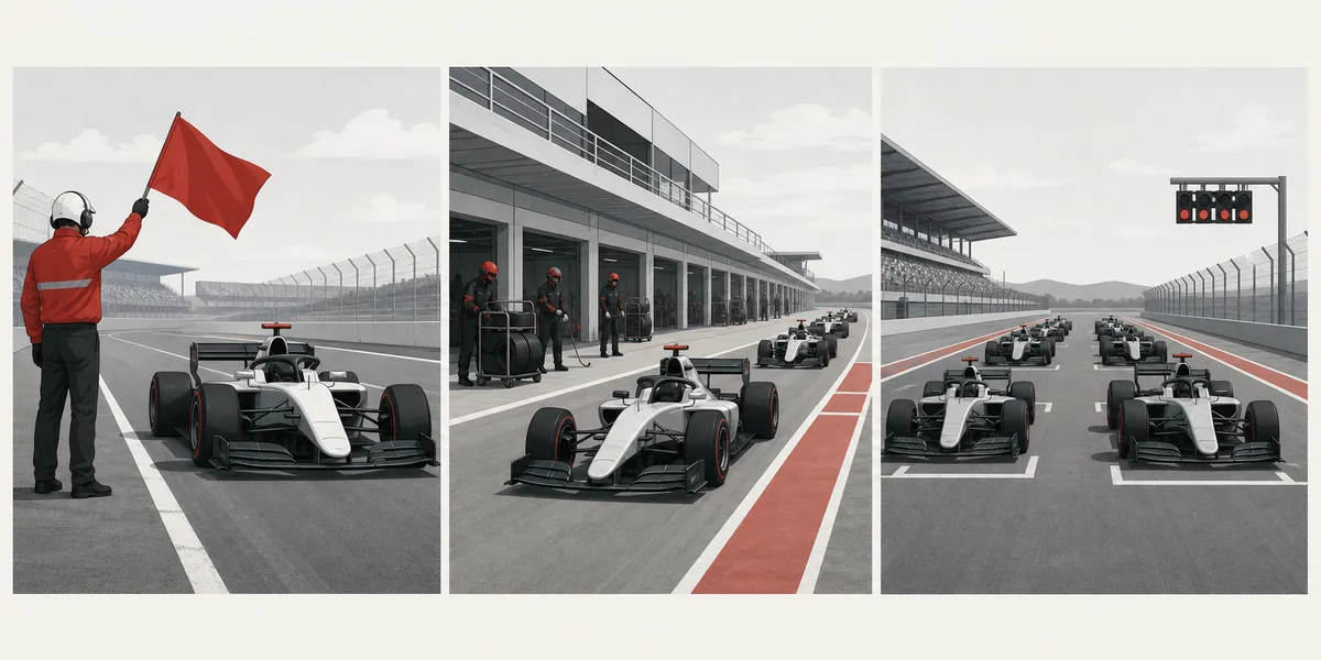 Diagramma editoriale in tre fasi con bandiera rossa, preparazione in pit lane e griglia pronta a ripartire