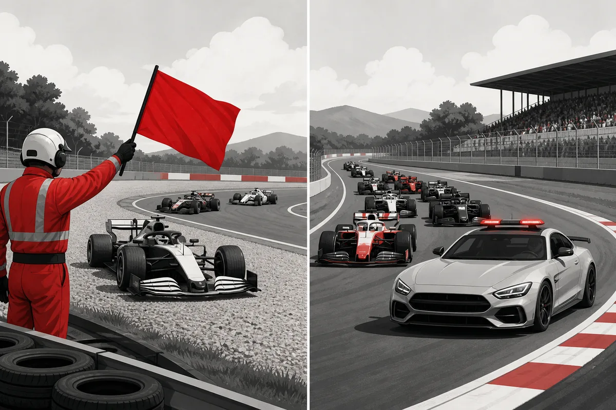 Confronto editoriale tra una sospensione con bandiera rossa e una Safety Car davanti al gruppo