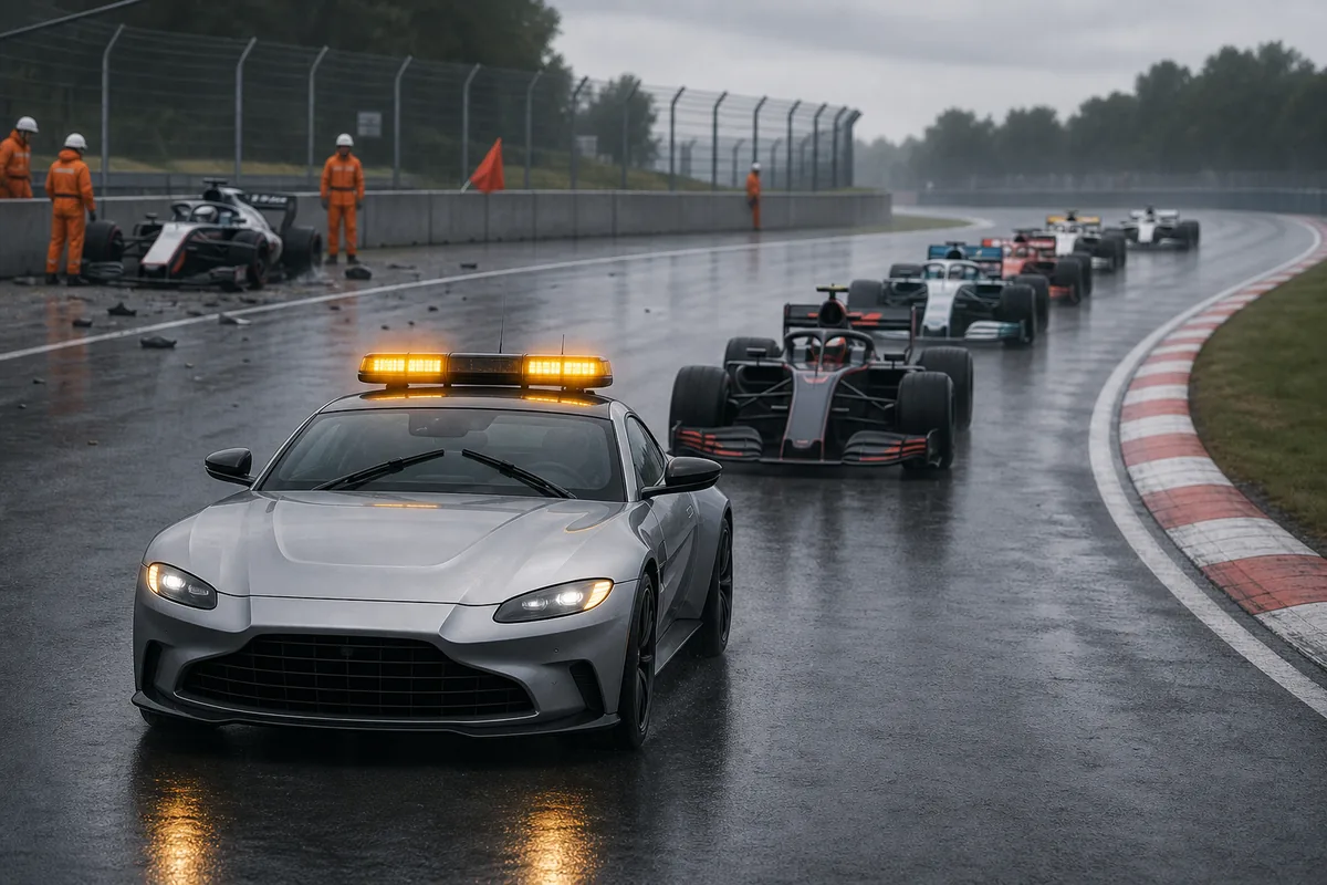 Ilustração editorial de um Safety Car da F1 liderando carros de corrida em pista molhada