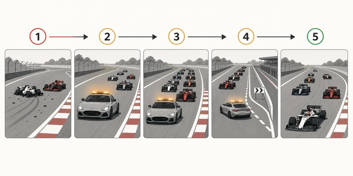 Diagrama editorial em cinco etapas mostrando incidente, Safety Car e relargada na F1