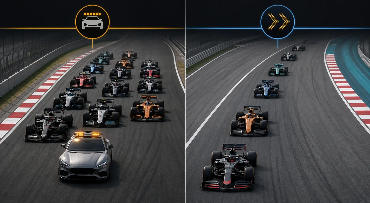 Comparação editorial entre um Safety Car físico e um VSC na Fórmula 1