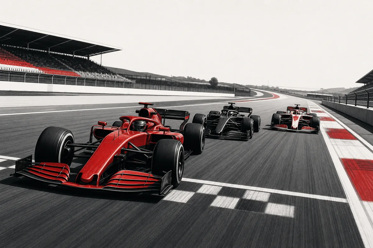 サーキットを並んで走るF1スタイルの3台のマシン