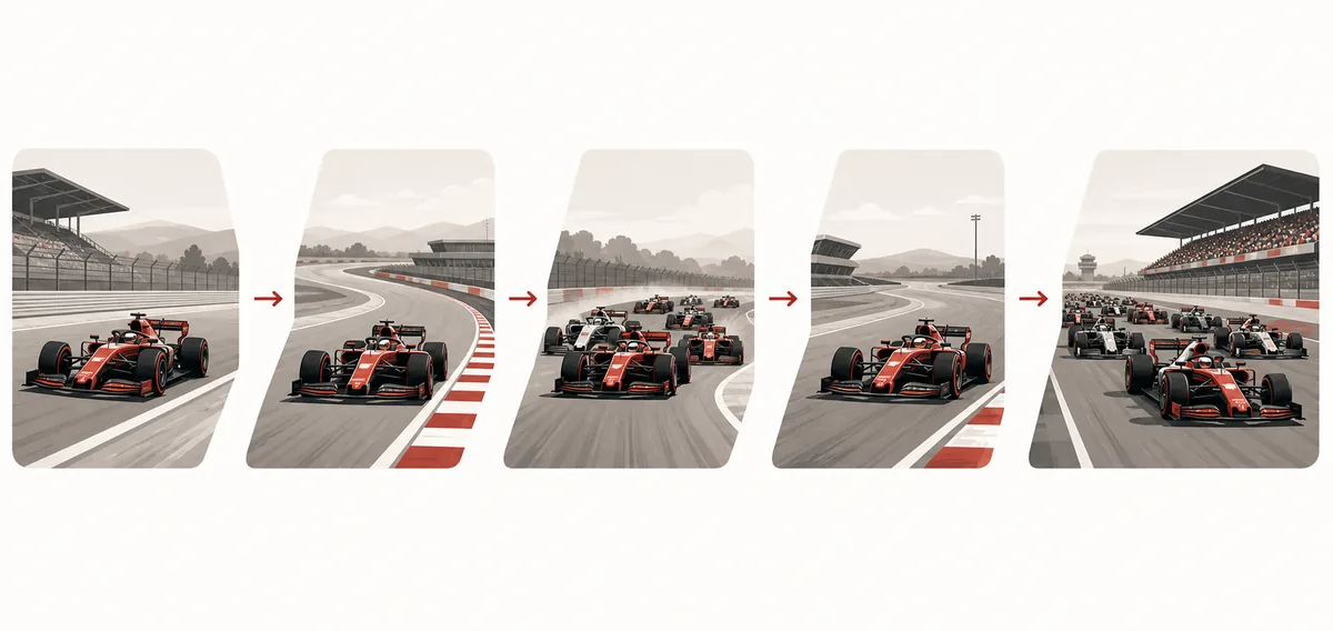 F1スプリント週末の流れを5つのサーキット場面で示した図