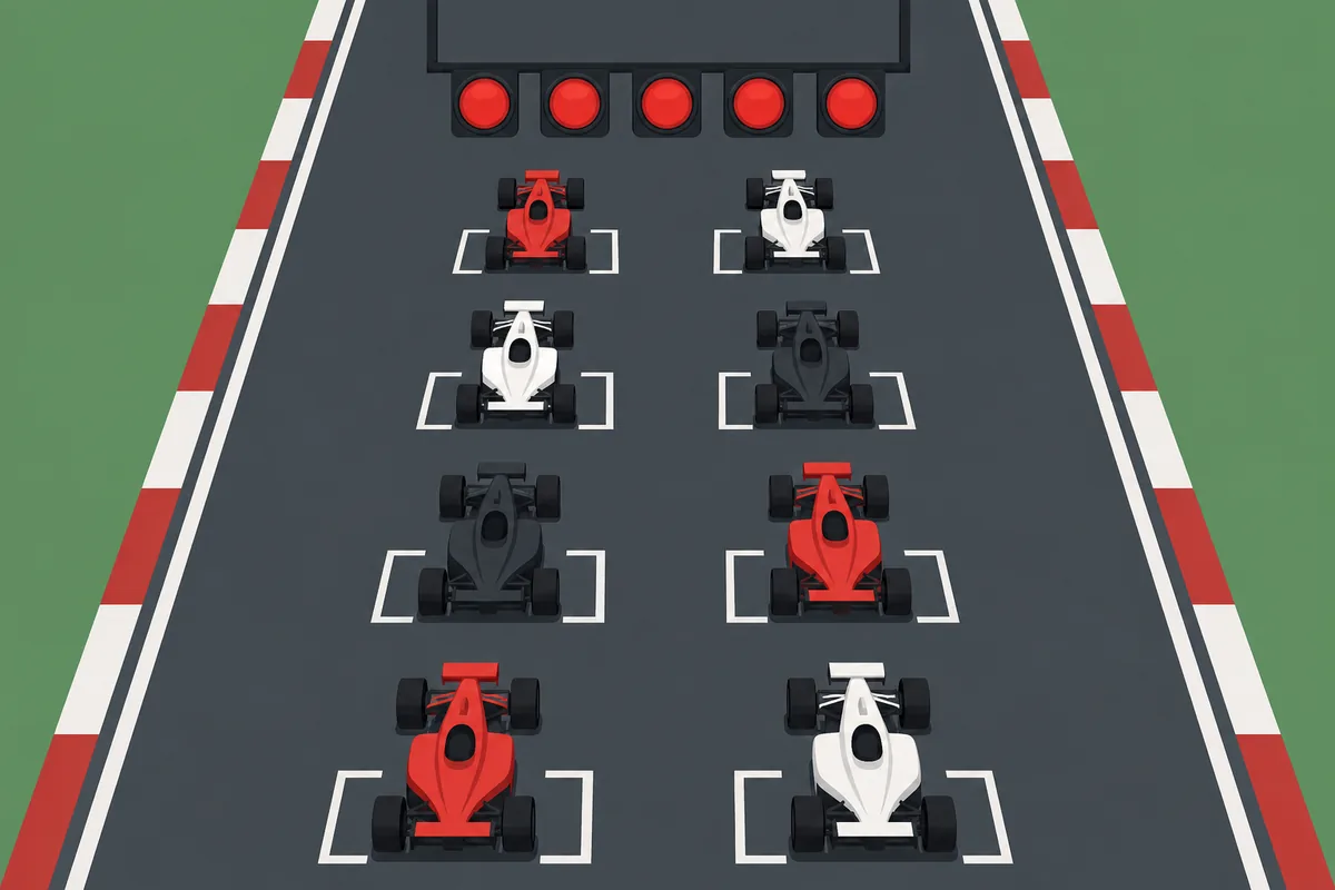 Editorial illustration of Formula 1 cars lined up in staggered starting grid boxes below red start lights