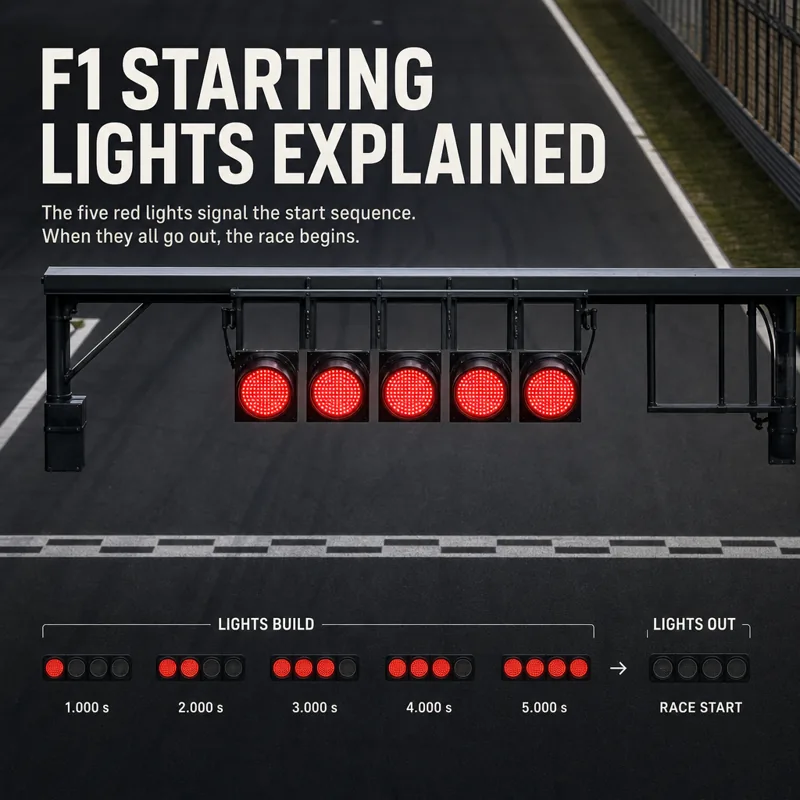 Five F1 starting lights above a start line with lights out timing labels