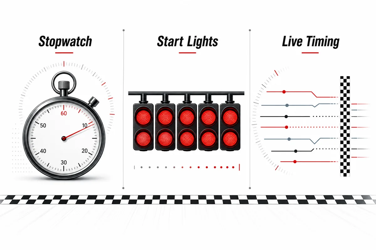 Comparacao entre cronometro F1, timer de luzes de largada e live timing