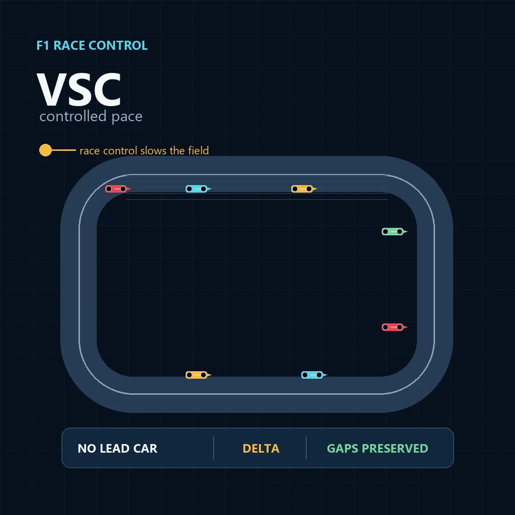 Diagrama editorial de coches de Fórmula 1 circulando bajo un Virtual Safety Car con ritmo controlado y distancias conservadas
