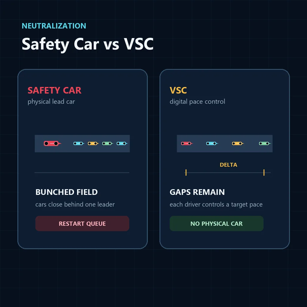 Comparación editorial entre un grupo unido detrás de un Safety Car físico y coches separados bajo un VSC