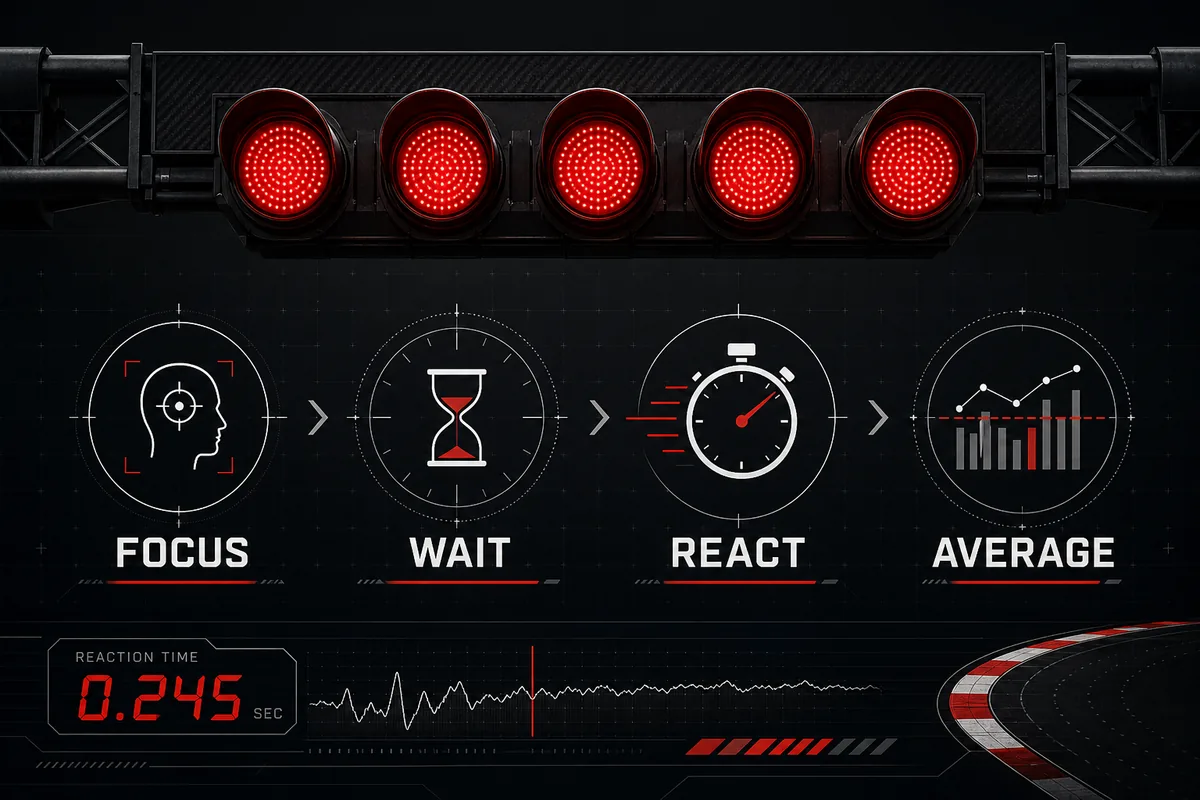 F1 lights-out reaction time training flow with focus, clean start, and average score steps