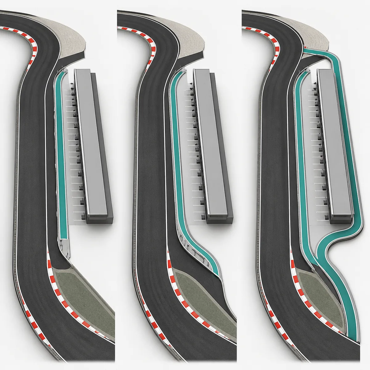 Editorial comparison of short, medium and extended pit-lane route shapes beside a circuit