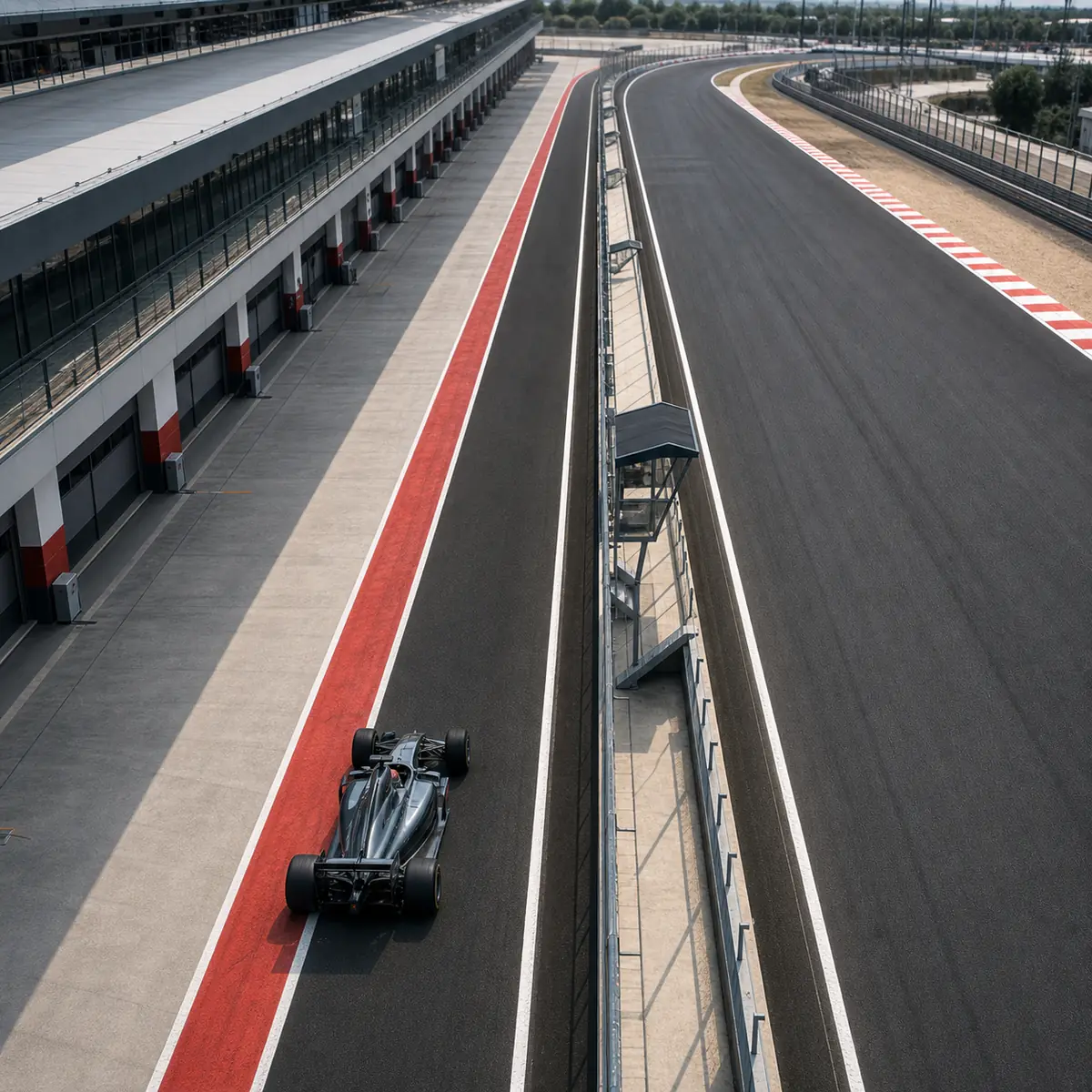 Editorial illustration of a Formula 1 pit lane running alongside a long section of circuit