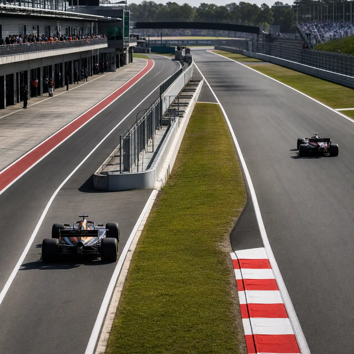 Formula 1 car travelling through a long pit lane while another car stays on the main track